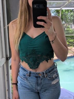 Free People Emerald Green Lace-Trim Cropped Cami